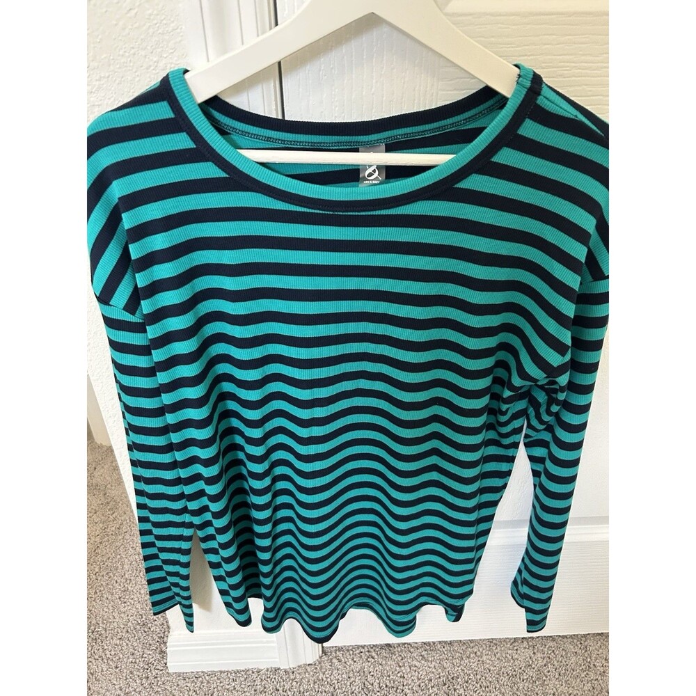 Lou & Grey Women Long Sleeve Tee Top Large Green Black Striped Small S Pullover